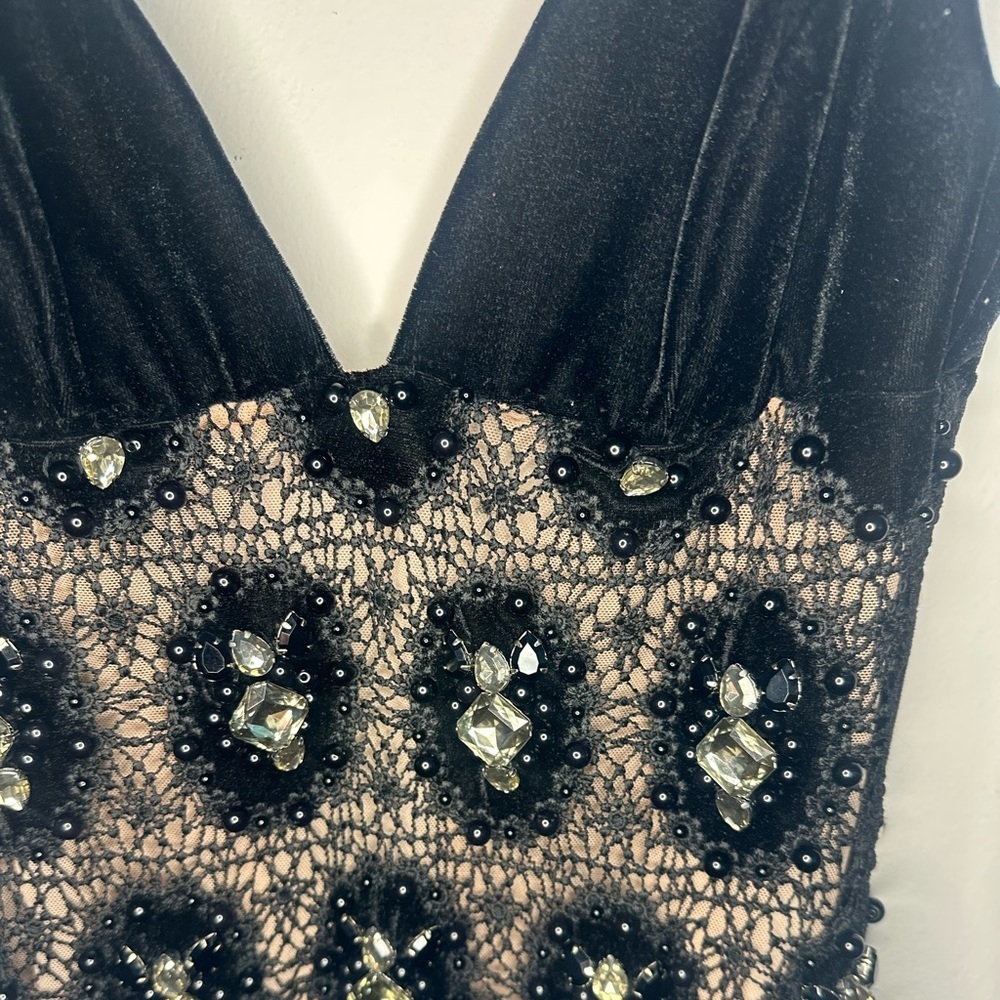 NWT PATBO black velvet fringe mini dress hand beaded rhinestone crochet Gatsby - Picture 11 of 16